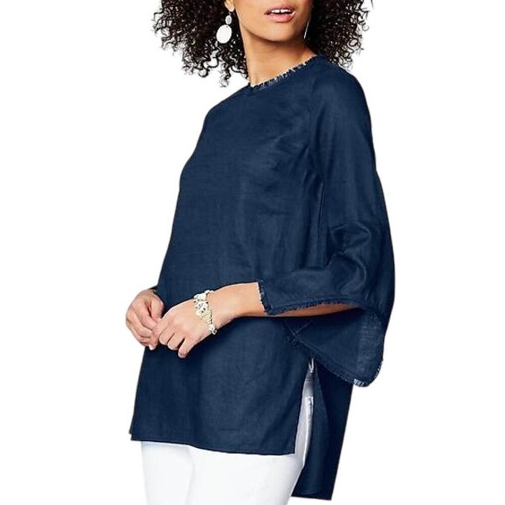 J.Jill‎ Love Linen Fringe-Trimmed Tunic Everday Blue Size Small Coastal Resort